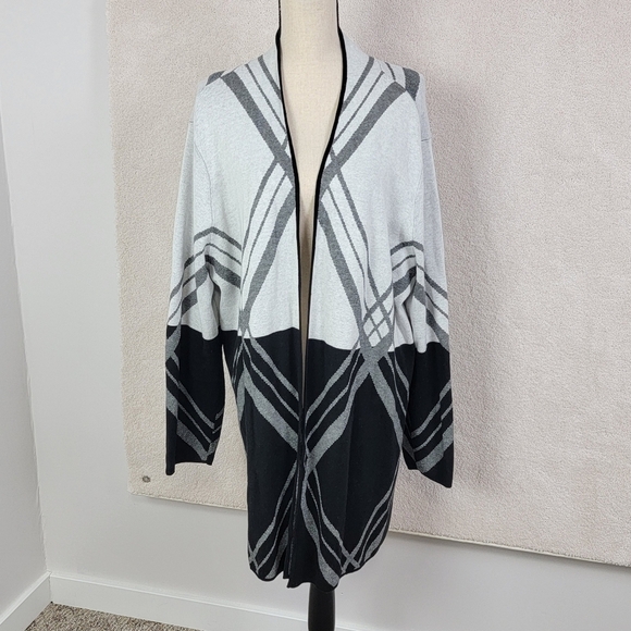 Kasper Black/White/Gray Open Face Knit Long Sweater Cardigan Sz 3X Plus Size - Picture 1 of 14